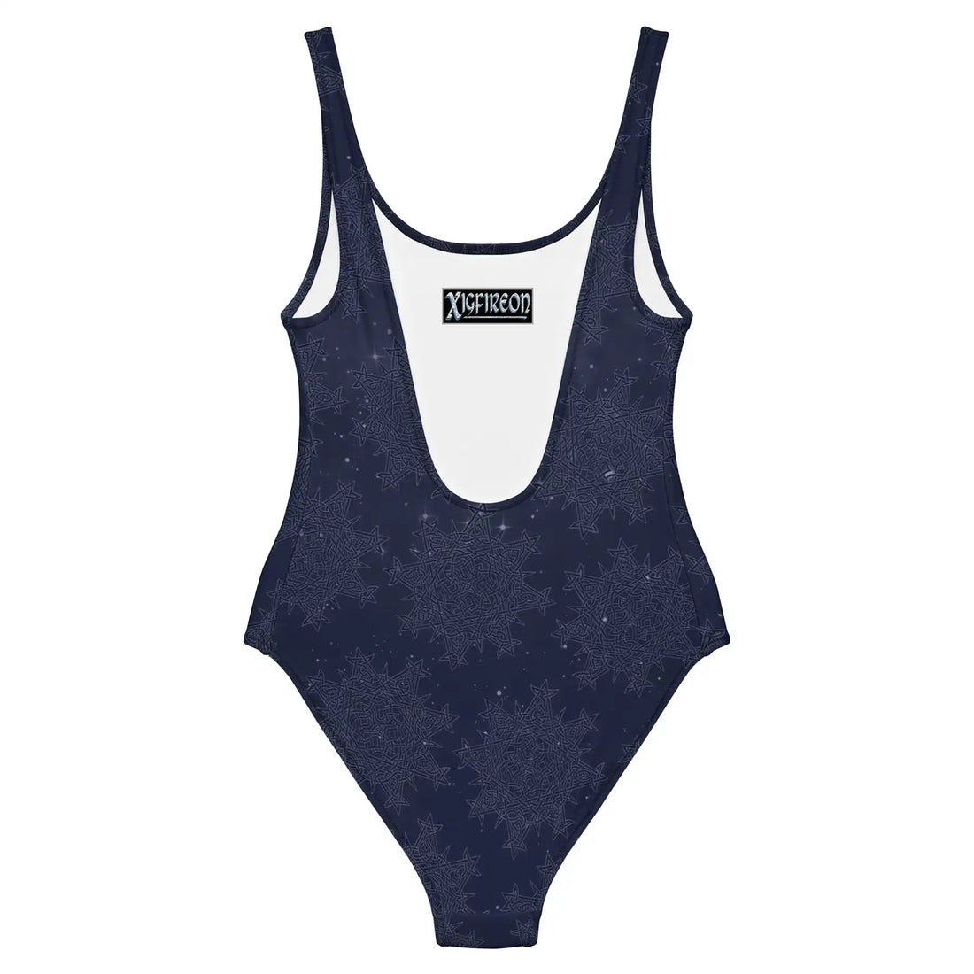 Celtic knot swimsuit by Xigfireon, shown from the back, featuring the Midnight Blue Cosmos patterned series of the Morning Star Fire design.