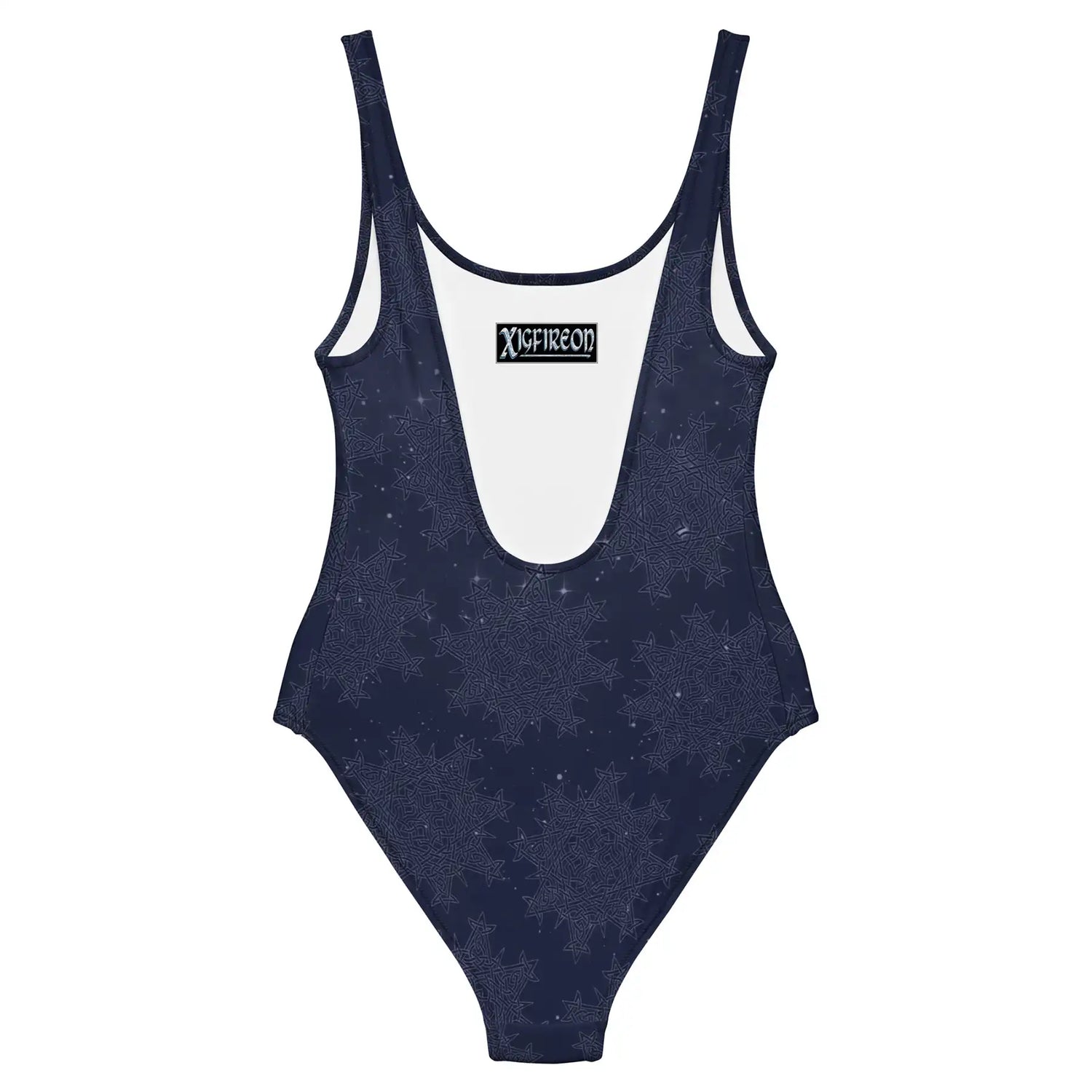 Celtic knot swimsuit by Xigfireon, shown from the back, featuring the Midnight Blue Cosmos patterned series of the `Morning Star Fire` design.