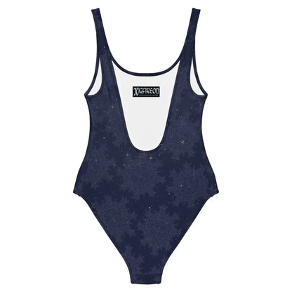 Celtic knot swimsuit by Xigfireon, shown from the back, featuring the Midnight Blue Cosmos patterned series of the Morning Star Fire design.