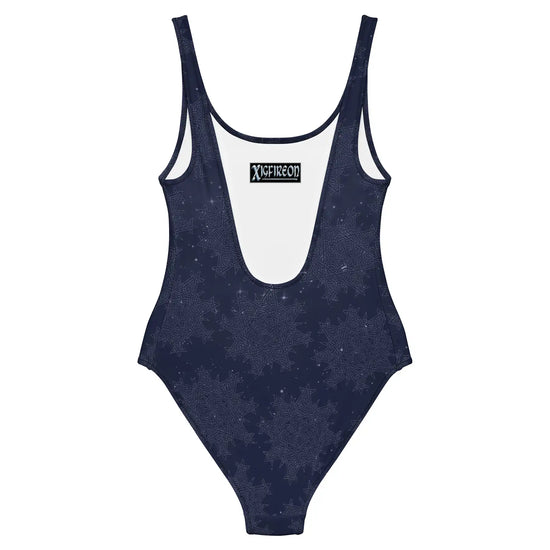 Celtic knot swimsuit by Xigfireon, shown from the back, featuring the Midnight Blue Cosmos patterned series of the `Morning Star Fire` design.