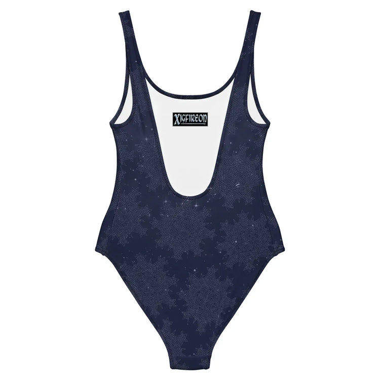 Celtic knot swimsuit by Xigfireon, shown from the back, featuring the Midnight Blue Cosmos patterned series of the `Morning Star Fire` design.