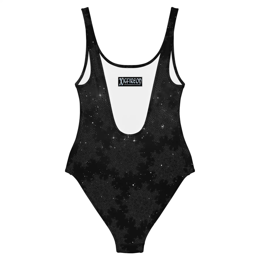 Celtic knot swimsuit by Xigfireon, shown from the back, featuring the Midnight Cosmos patterned series of the Morning Star Fire design.