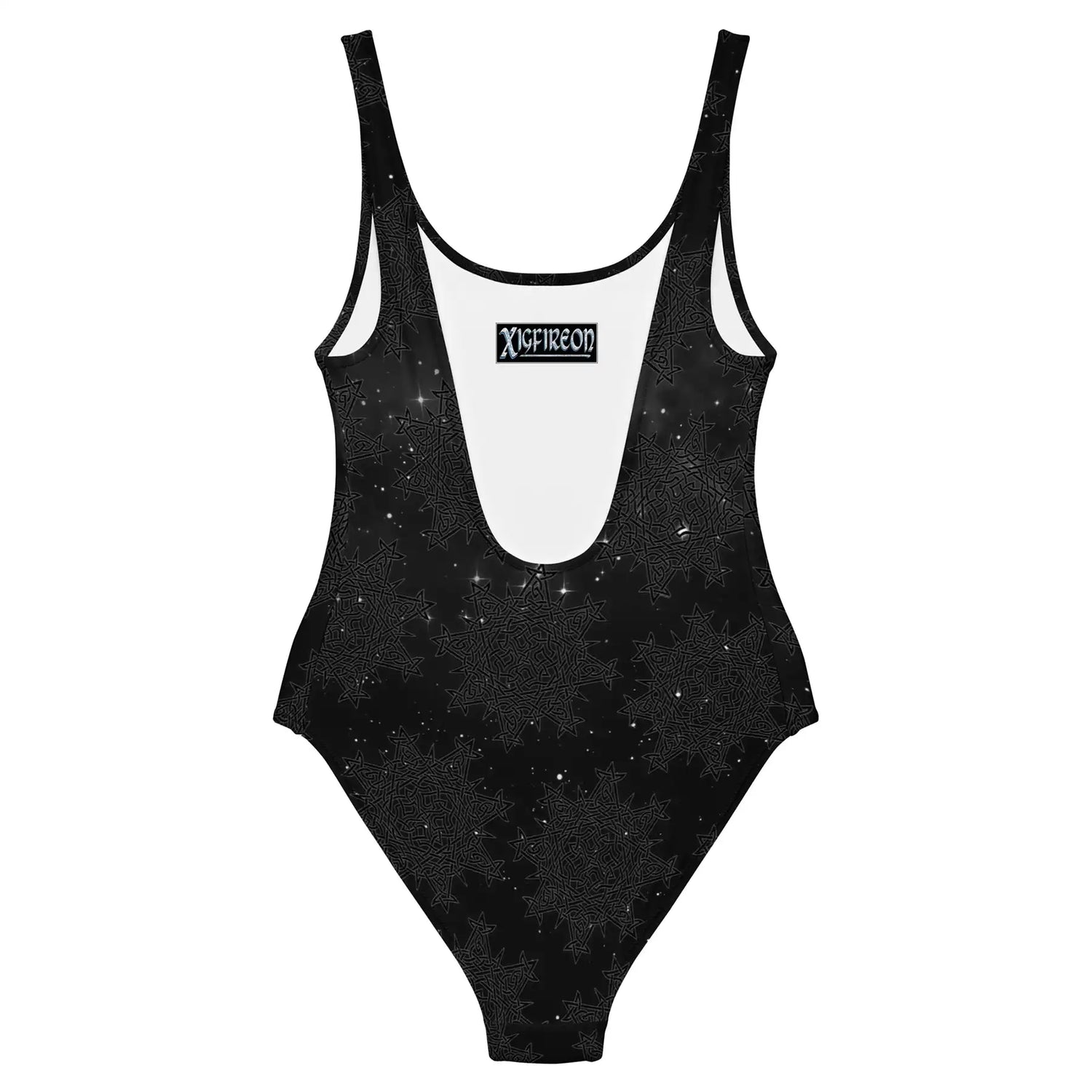 Celtic knot swimsuit by Xigfireon, shown from the back, featuring the Midnight Cosmos patterned series of the `Morning Star Fire` design.