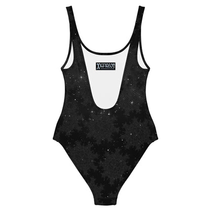 Celtic knot swimsuit by Xigfireon, shown from the back, featuring the Midnight Cosmos patterned series of the Morning Star Fire design.