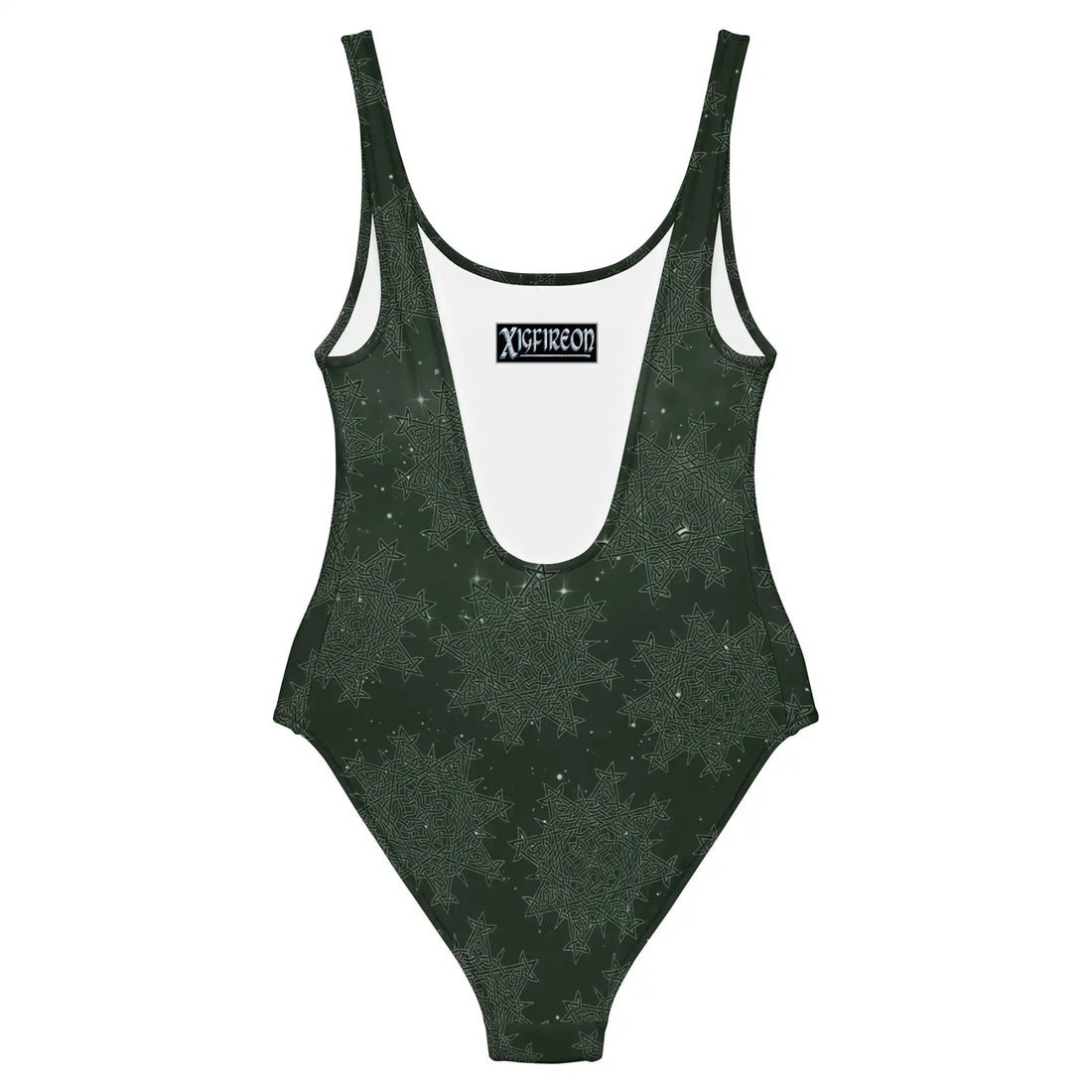 Celtic knot swimsuit by Xigfireon, shown from the back, featuring the Midnight Red Cosmos patterned series of the Morning Star Fire design.