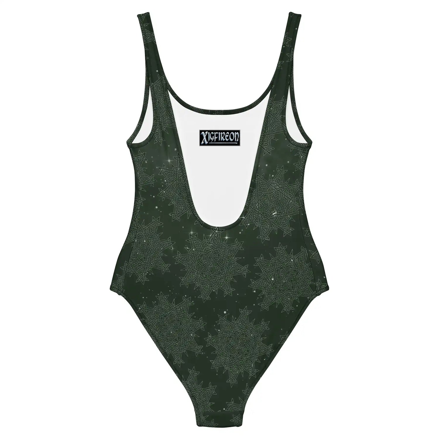 Celtic knot swimsuit by Xigfireon, shown from the back, featuring the Midnight Red Cosmos patterned series of the `Morning Star Fire` design.