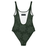 Celtic knot swimsuit by Xigfireon, shown from the back, featuring the Midnight Red Cosmos patterned series of the `Morning Star Fire` design.