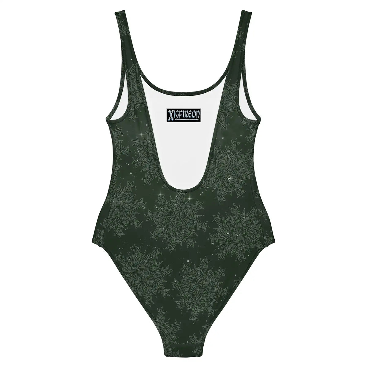 Celtic knot swimsuit by Xigfireon, shown from the back, featuring the Midnight Red Cosmos patterned series of the Morning Star Fire design.