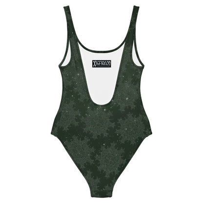 Celtic knot swimsuit by Xigfireon, shown from the back, featuring the Midnight Red Cosmos patterned series of the Morning Star Fire design.