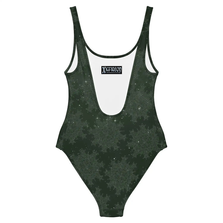 Celtic knot swimsuit by Xigfireon, shown from the back, featuring the Midnight Red Cosmos patterned series of the `Morning Star Fire` design.