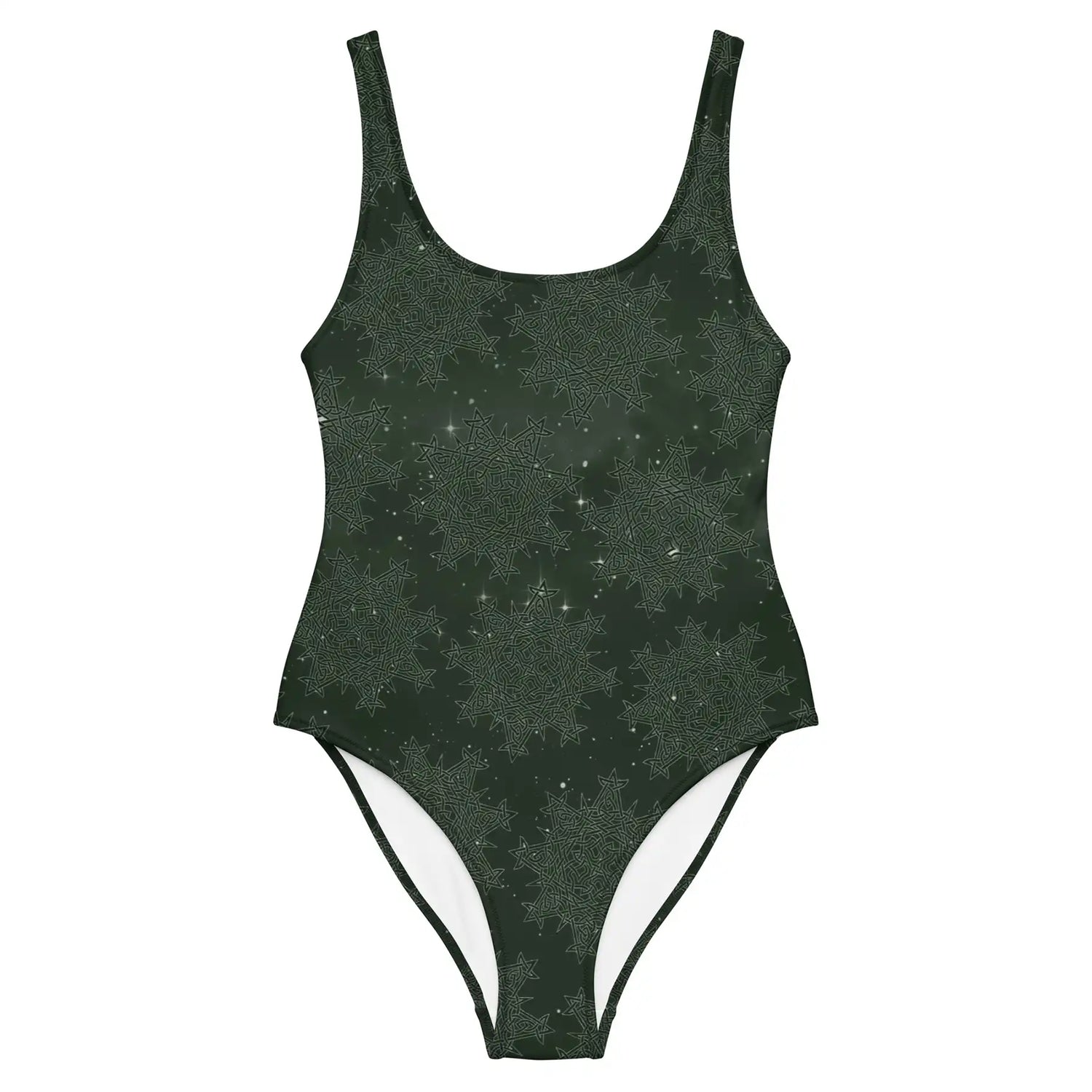 Celtic knot swimsuit by Xigfireon featuring the Midnight Green Cosmos patterned series of the `Morning Star Fire` design.