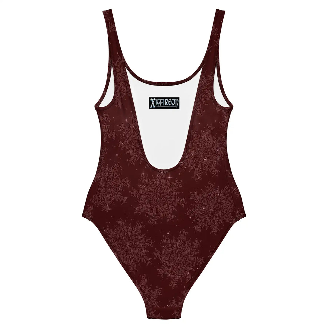 Celtic knot swimsuit by Xigfireon, shown from the back, featuring the Midnight Red Cosmos patterned series of the Morning Star Fire design.