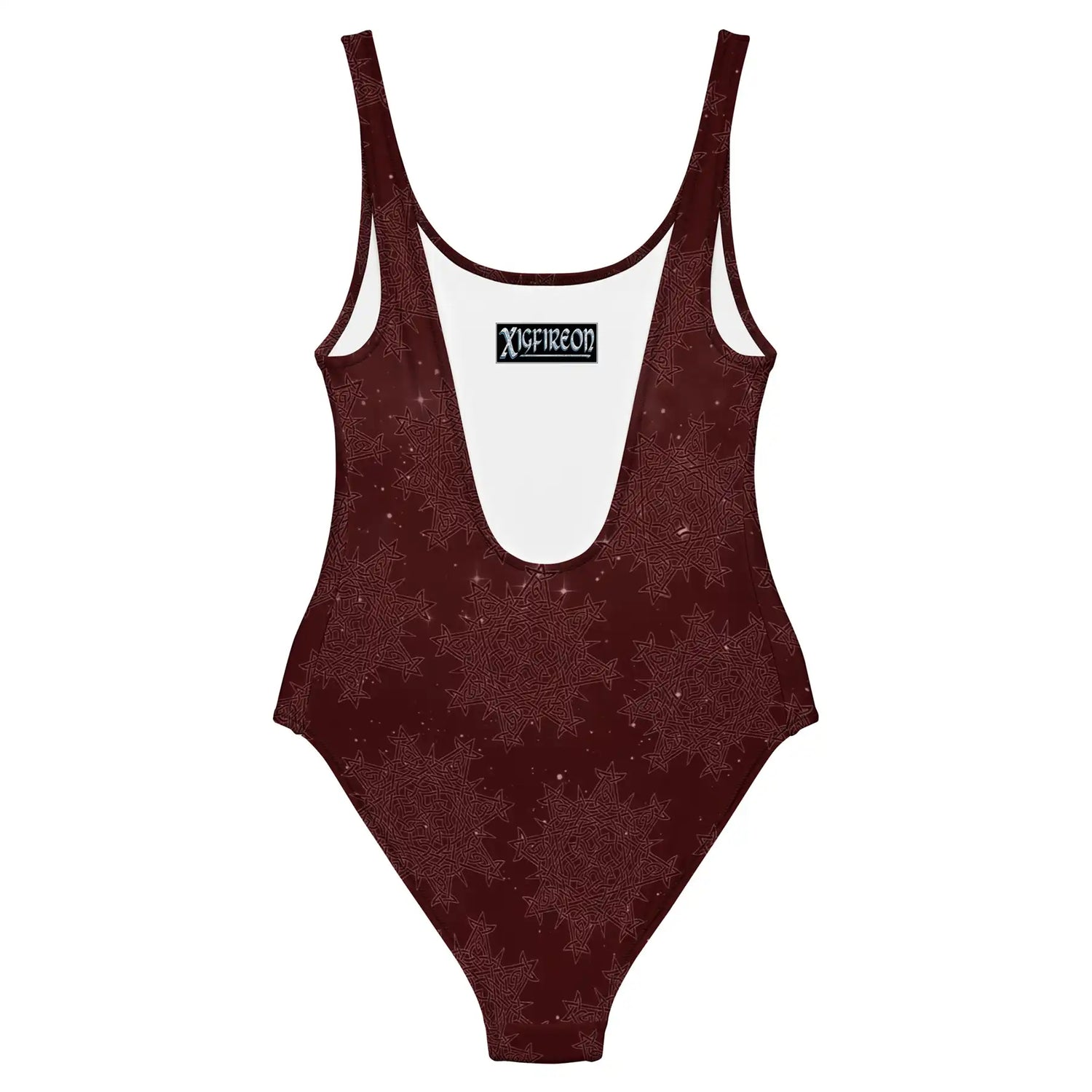 Celtic knot swimsuit by Xigfireon, shown from the back, featuring the Midnight Red Cosmos patterned series of the `Morning Star Fire` design.