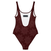 Celtic knot swimsuit by Xigfireon, shown from the back, featuring the Midnight Red Cosmos patterned series of the `Morning Star Fire` design.