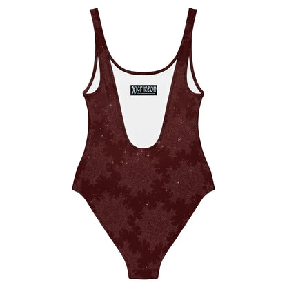 Celtic knot swimsuit by Xigfireon, shown from the back, featuring the Midnight Red Cosmos patterned series of the Morning Star Fire design.