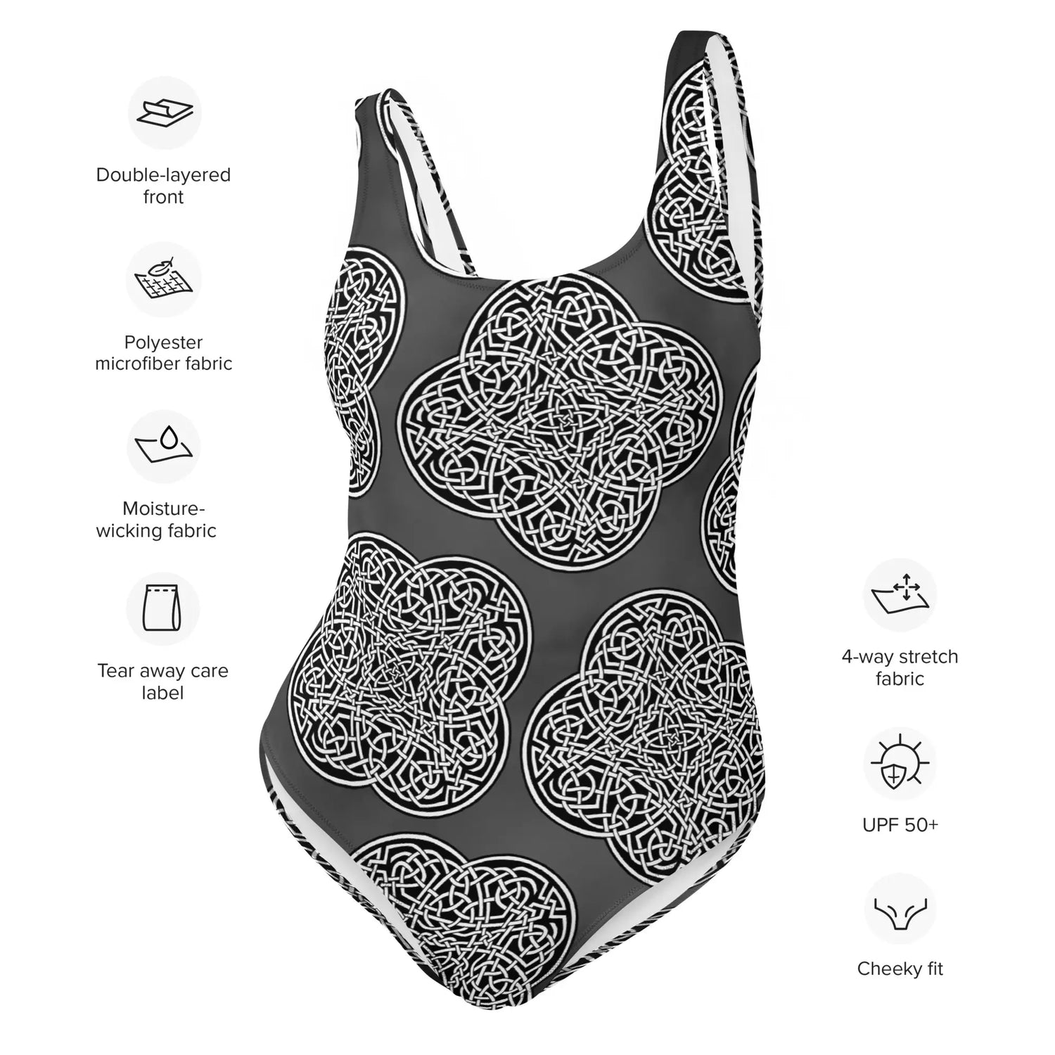 A list of product features surrounding a Xigfireon graphic swimsuit featuring the Black & White Solid Forest patterned series of the Reach Of The Spirit Celtic knot design. Features include double-layered front, polyester microfiber fabric, moisture-wicking fabric, tear away care label, 4-way stretch, UPF 50+, and cheeky fit.