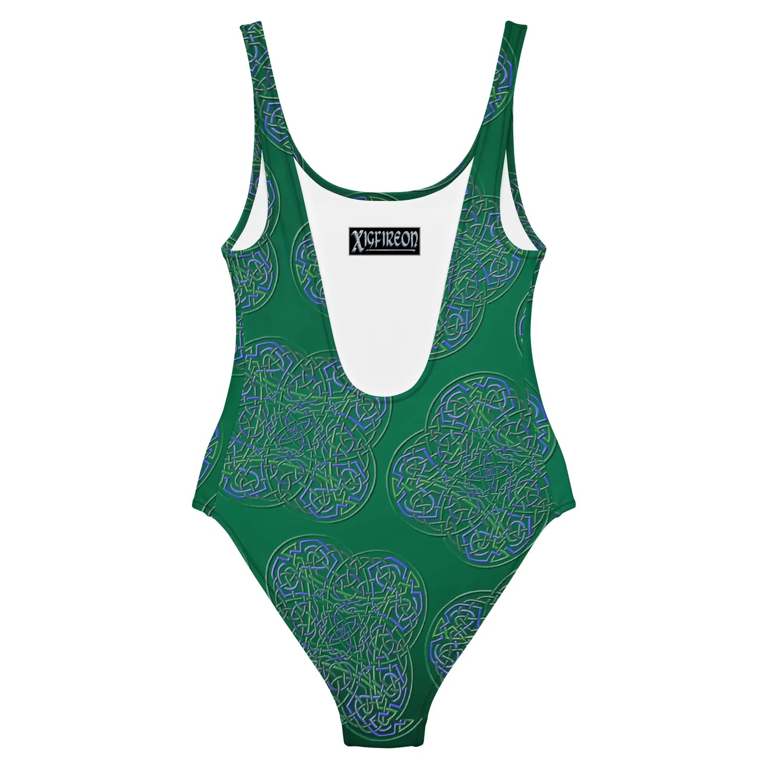 The back side of a Xigfireon graphic swimsuit featuring the Living Colour Forest patterned series of the Reach Of The Spirit Celtic knot design.