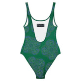 The back side of a Xigfireon graphic swimsuit featuring the Living Colour Forest patterned series of the Reach Of The Spirit Celtic knot design.