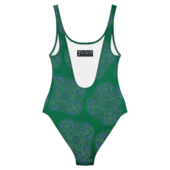The back side of a Xigfireon graphic swimsuit featuring the Living Colour Forest patterned series of the Reach Of The Spirit Celtic knot design.