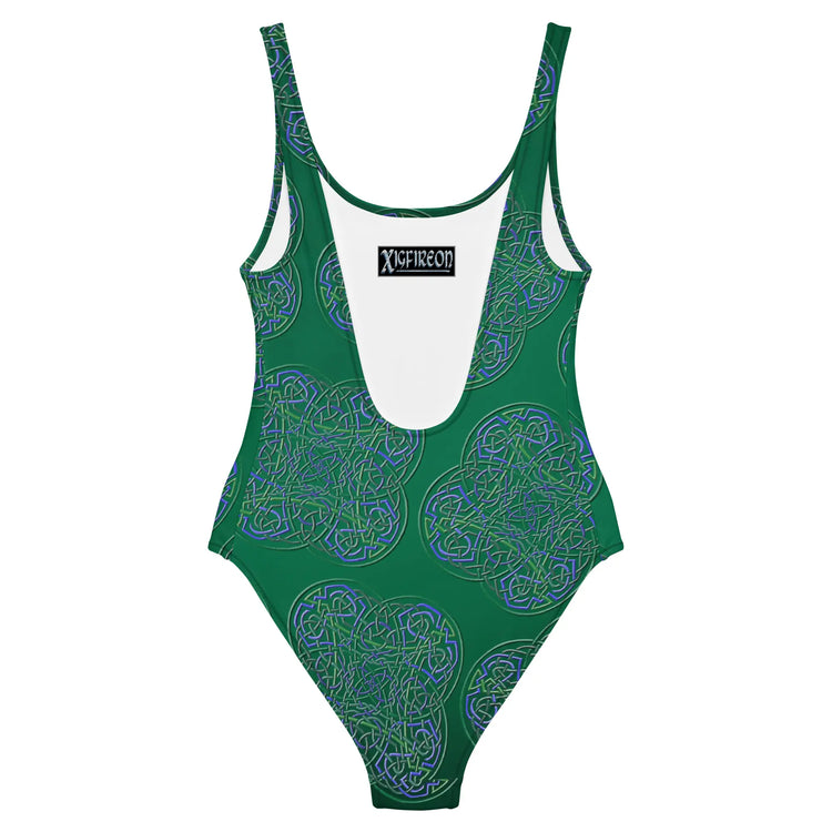 The back side of a Xigfireon graphic swimsuit featuring the Living Colour Forest patterned series of the Reach Of The Spirit Celtic knot design.
