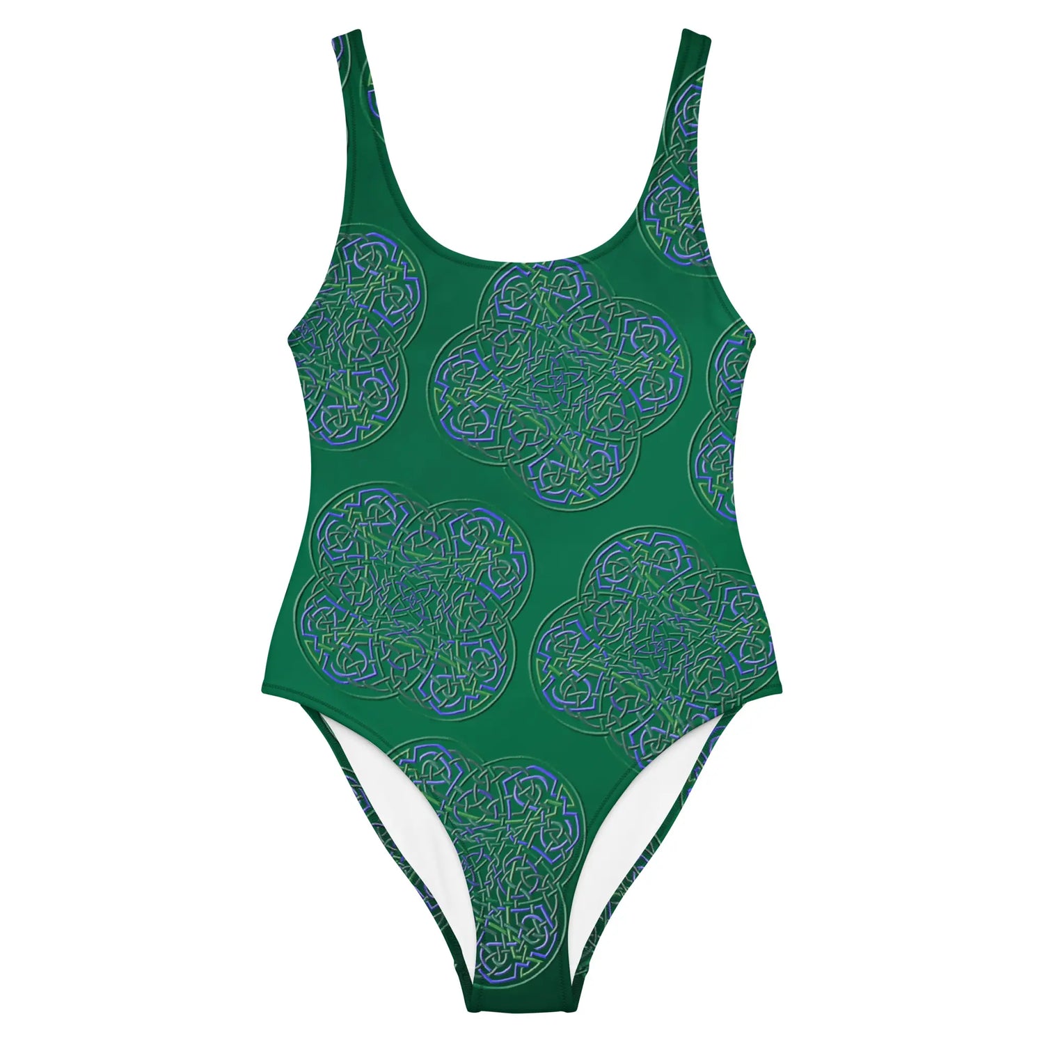 The front side of a Xigfireon graphic swimsuit featuring the Living Colour Forest patterned series of the Reach Of The Spirit Celtic knot design.