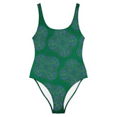 The front side of a Xigfireon graphic swimsuit featuring the Living Colour Forest patterned series of the Reach Of The Spirit Celtic knot design.