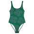 The front side of a Xigfireon graphic swimsuit featuring the Living Colour Forest patterned series of the Reach Of The Spirit Celtic knot design.