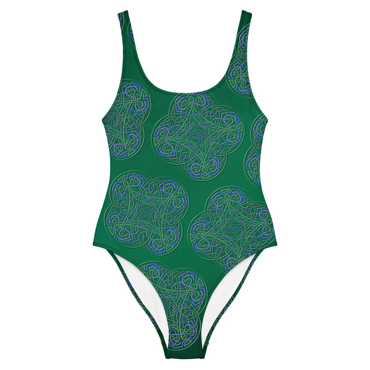 The front side of a Xigfireon graphic swimsuit featuring the Living Colour Forest patterned series of the Reach Of The Spirit Celtic knot design.