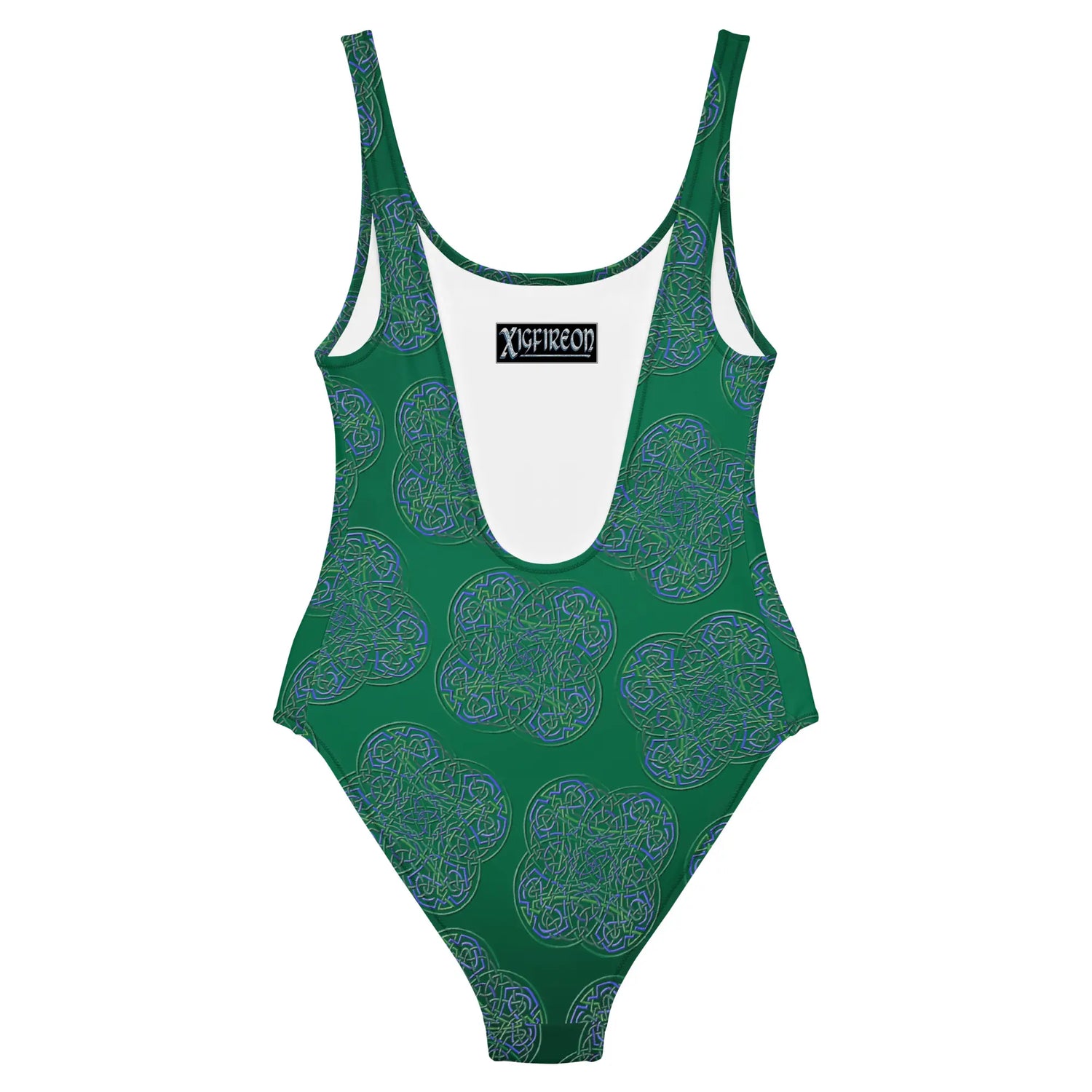 The back side of a Xigfireon graphic swimsuit featuring the Living Colour Forest (Small) patterned series of the Reach Of The Spirit Celtic knot design.