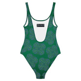 The back side of a Xigfireon graphic swimsuit featuring the Living Colour Forest (Small) patterned series of the Reach Of The Spirit Celtic knot design.