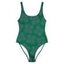 The front side of a Xigfireon graphic swimsuit featuring the Living Colour Forest (Small) patterned series of the Reach Of The Spirit Celtic knot design.