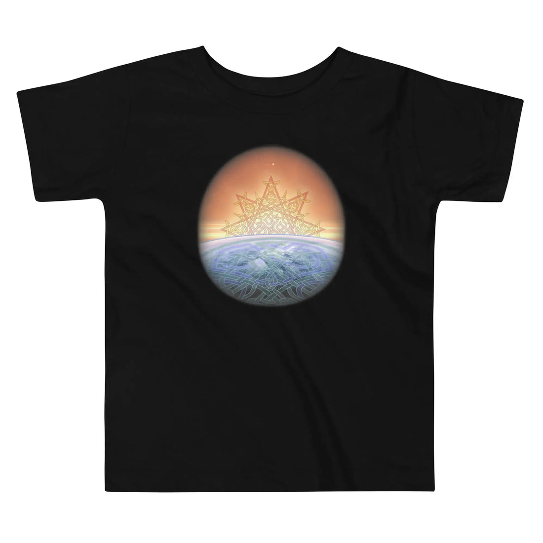 A black Xigfireon toddler graphic t-shirt featuring the Derivation II Celtic knot merger design symbolizing the Sun and the Earth in their cosmic dance.