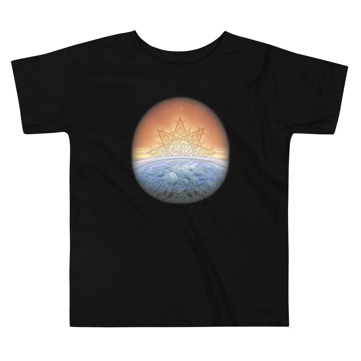 A black Xigfireon toddler graphic t-shirt featuring the Derivation II Celtic knot merger design symbolizing the Sun and the Earth in their cosmic dance.