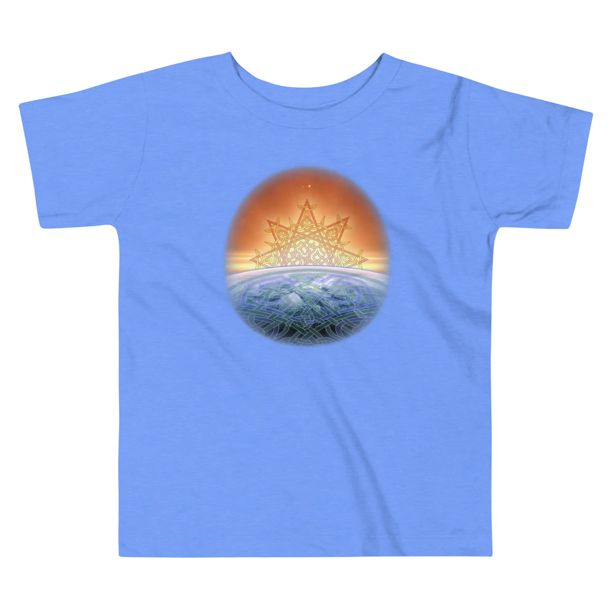A heather Columbia blue Xigfireon toddler graphic t-shirt featuring the Derivation II Celtic knot merger design symbolizing the Sun and the Earth in their cosmic dance.