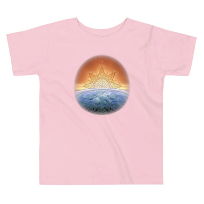 A pink Xigfireon toddler graphic t-shirt featuring the Derivation II Celtic knot merger design symbolizing the Sun and the Earth in their cosmic dance.