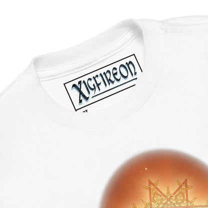 A close-up view of the logo and design on a white Xigfireon toddler graphic t-shirt featuring the Derivation II Celtic knot merger design symbolizing the Sun and the Earth in their cosmic dance.