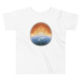 A white Xigfireon toddler graphic t-shirt featuring the `Derivation II` Celtic knot merger design symbolizing the Sun and the Earth in their cosmic dance.