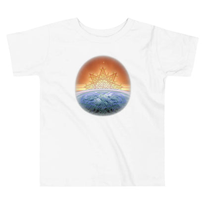 A white Xigfireon toddler graphic t-shirt featuring the Derivation II Celtic knot merger design symbolizing the Sun and the Earth in their cosmic dance.