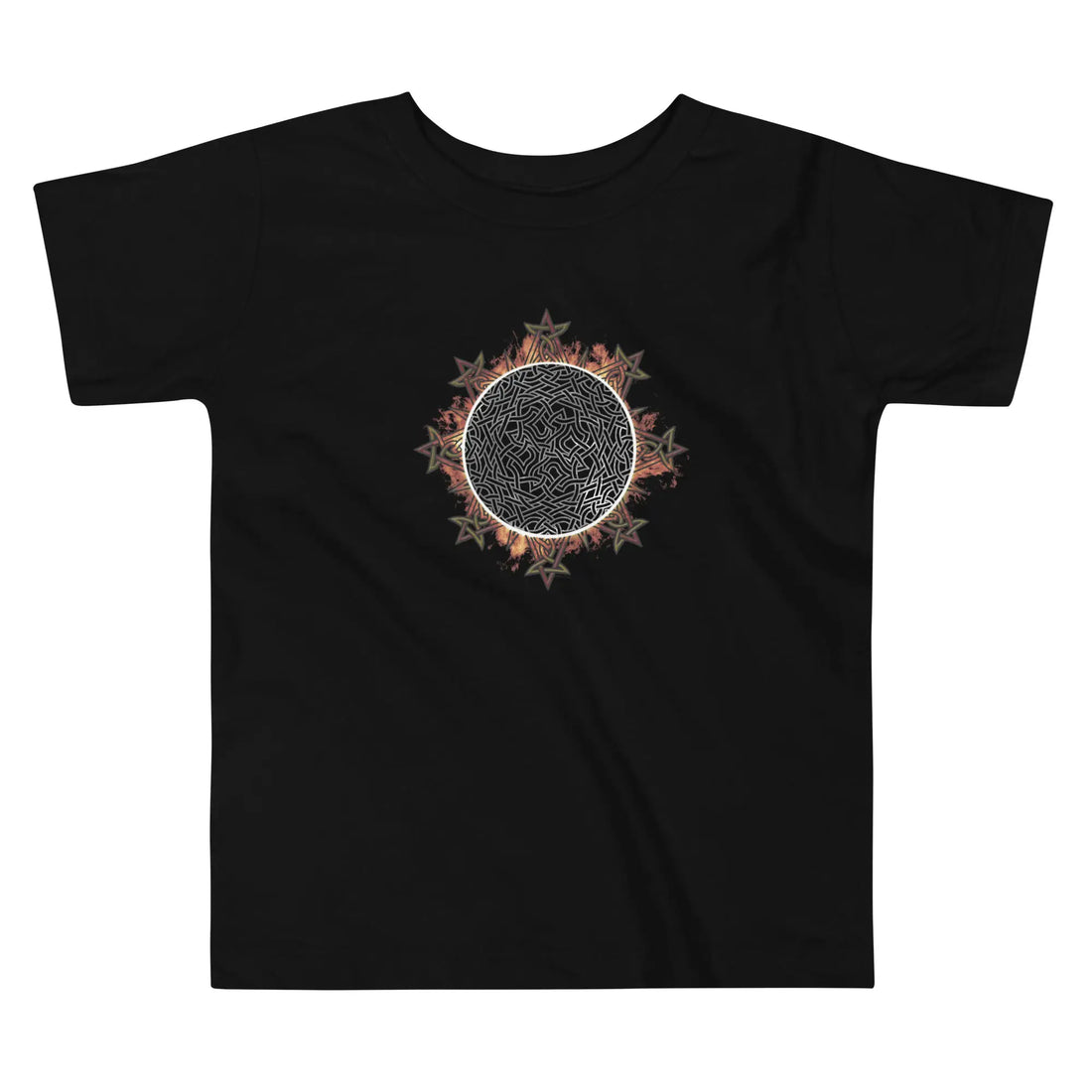 A black Xigfireon toddler graphic t-shirt featuring the Eclipsed iteration of the Morning Star Fire Celtic knot design. The Morning Star Fire Celtic knot represents Father Sun.