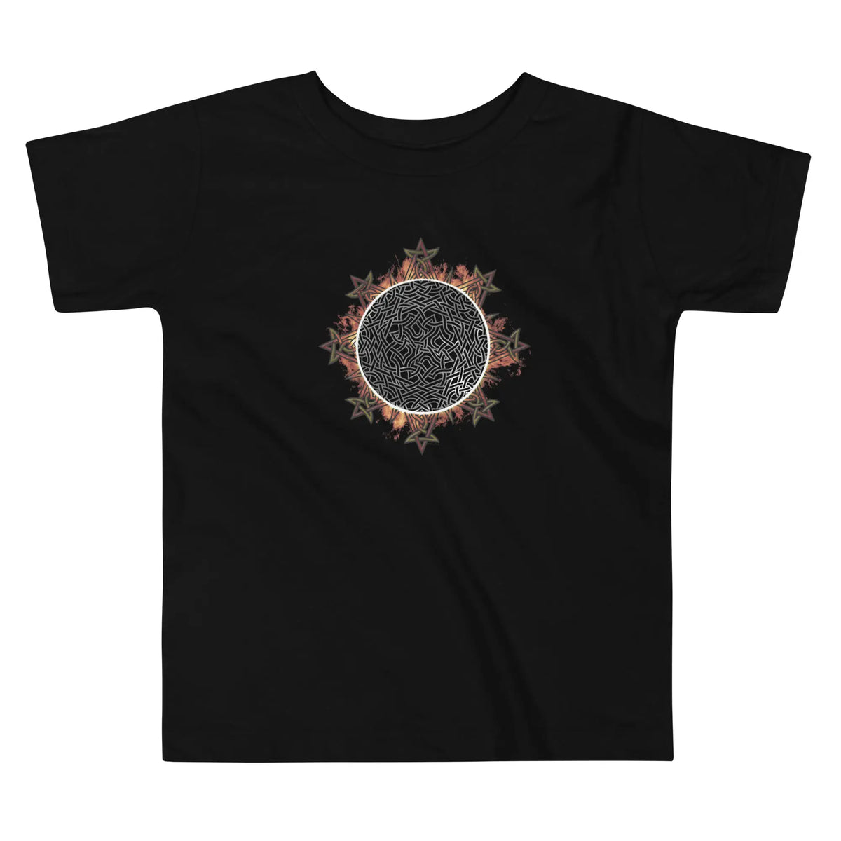 A black Xigfireon toddler graphic t-shirt featuring the Eclipsed iteration of the Morning Star Fire Celtic knot design. The Morning Star Fire Celtic knot represents Father Sun.