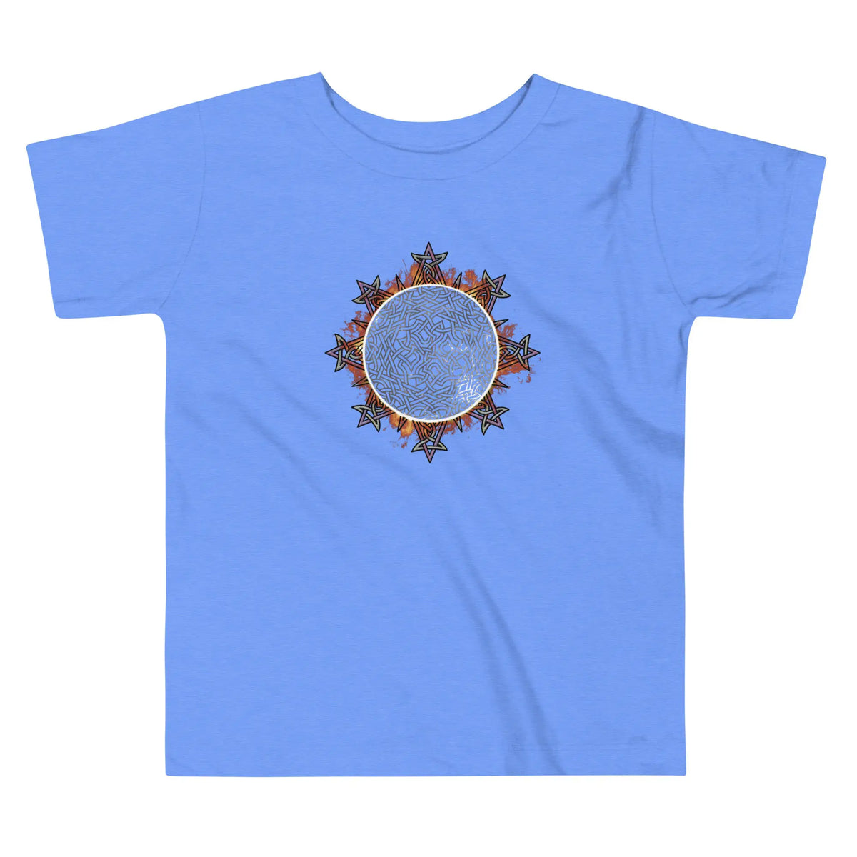 A heather Columbia blue Xigfireon toddler graphic t-shirt featuring the Eclipsed iteration of the Morning Star Fire Celtic knot design. The Morning Star Fire Celtic knot represents Father Sun.