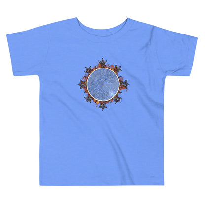 A heather Columbia blue Xigfireon toddler graphic t-shirt featuring the Eclipsed iteration of the Morning Star Fire Celtic knot design. The Morning Star Fire Celtic knot represents Father Sun.