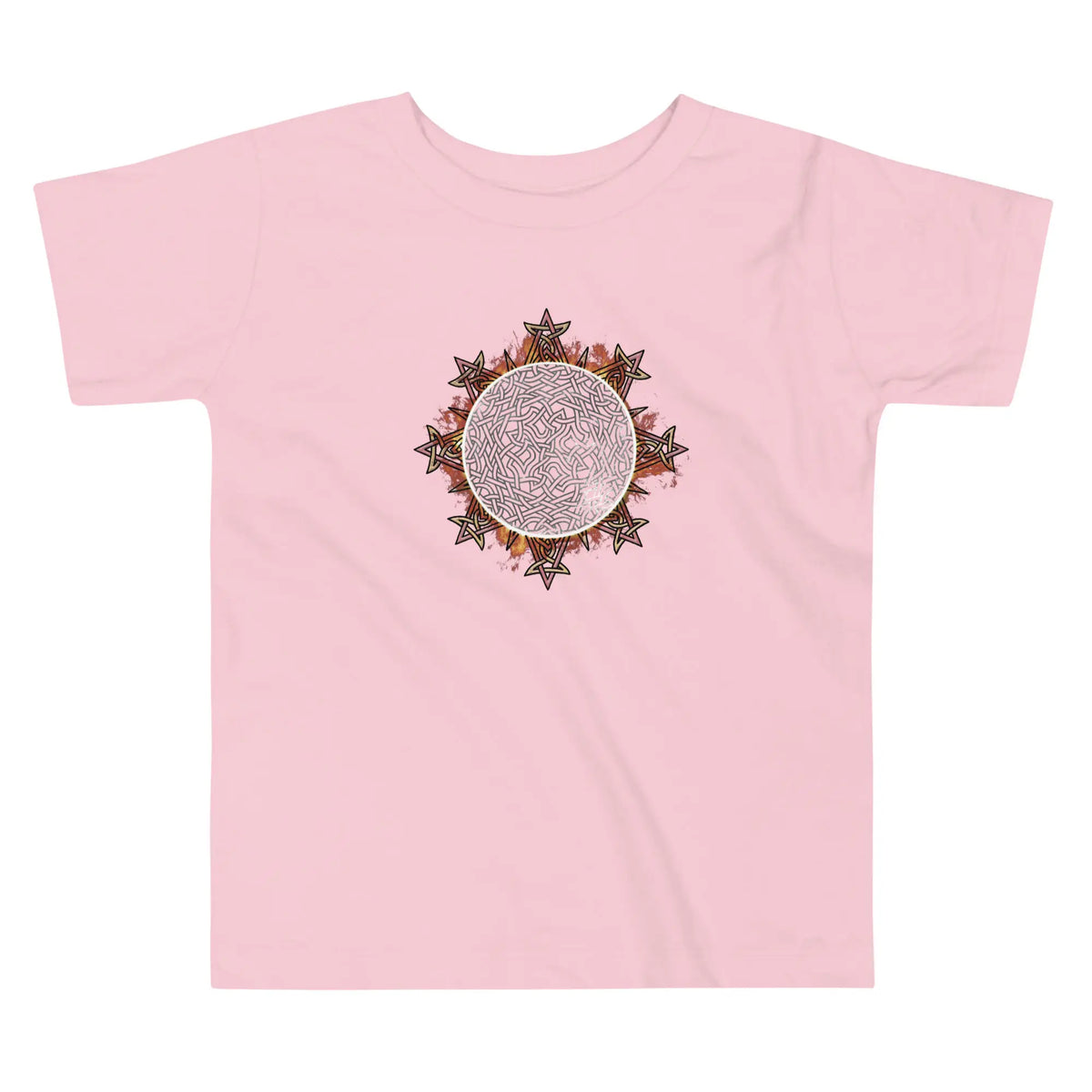 A pink Xigfireon toddler graphic t-shirt featuring the Eclipsed iteration of the Morning Star Fire Celtic knot design. The Morning Star Fire Celtic knot represents the Sun.