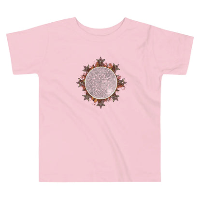 A pink Xigfireon toddler graphic t-shirt featuring the Eclipsed iteration of the Morning Star Fire Celtic knot design. The Morning Star Fire Celtic knot represents the Sun.