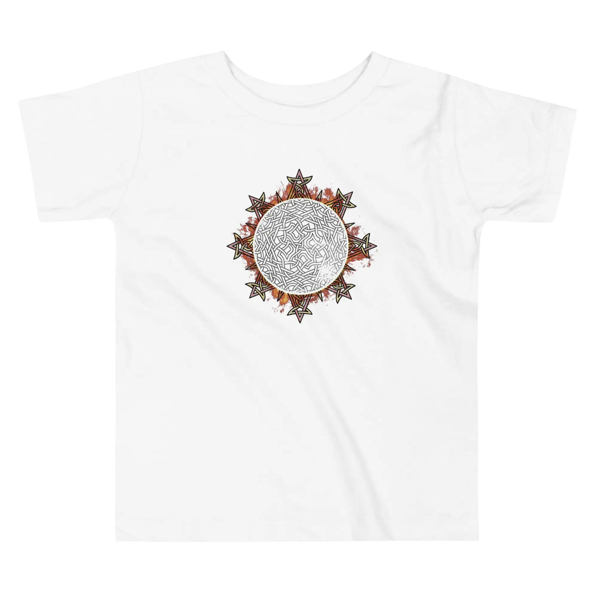 A white Xigfireon toddler graphic t-shirt featuring the Eclipsed iteration of the Morning Star Fire Celtic knot design. The Morning Star Fire Celtic knot represents Father Sun.