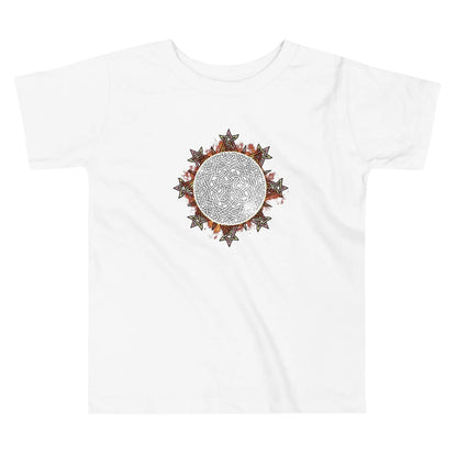 A white Xigfireon toddler graphic t-shirt featuring the Eclipsed iteration of the Morning Star Fire Celtic knot design. The Morning Star Fire Celtic knot represents Father Sun.