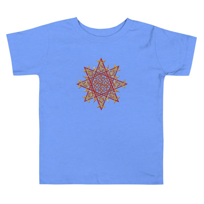 A heather Columbia blue Xigfireon toddler graphic t-shirt featuring the Fire Colour iteration of the Morning Star Fire Celtic knot design. The Morning Star Fire Celtic knot represents the Sun.