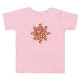 A pink Xigfireon toddler graphic t-shirt featuring the Fire Colour iteration of the `Morning Star Fire` Celtic knot design. The `Morning Star Fire` Celtic knot represents the Sun.