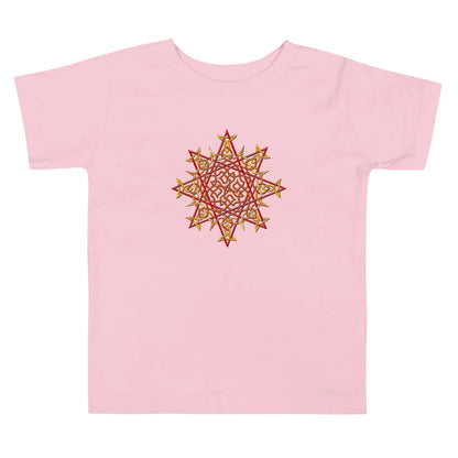 A pink Xigfireon toddler graphic t-shirt featuring the Fire Colour iteration of the Morning Star Fire Celtic knot design. The Morning Star Fire Celtic knot represents the Sun.