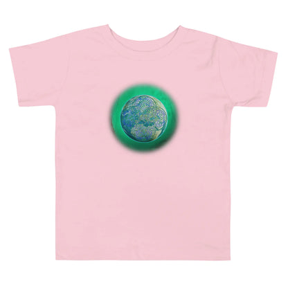 A pink Xigfireon toddler graphic t-shirt featuring the Deep Forest iteration of the Reach Of The Spirit Celtic knot design. The Reach Of The Spirit Celtic knot symbolizes Mother Earth.
